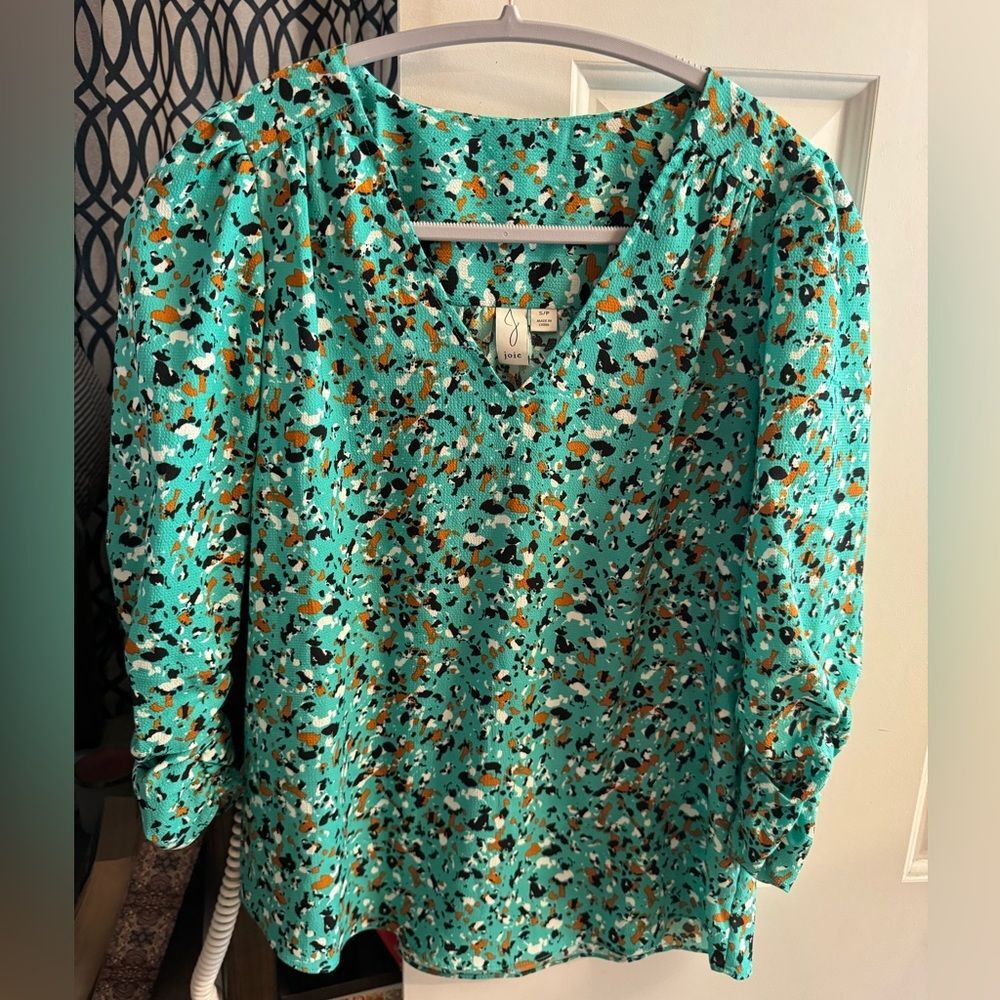 NWOT Joie Green Teal Blue Paint Slatter V-Neck Blouse‎ Top 3/4 Sleeves Ruched S